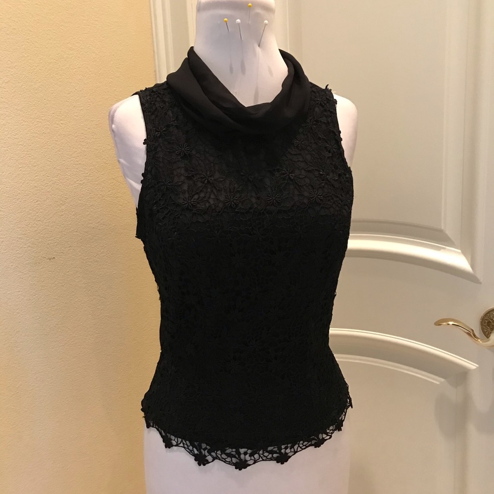 Flora Nikroos Anthropology black lace top with scarf neck
